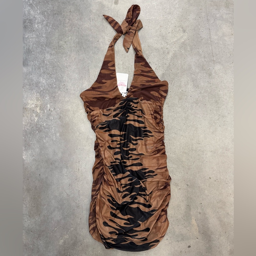 Camo Halter Ruched Bodycon Dress | Brown | Size L | NWT